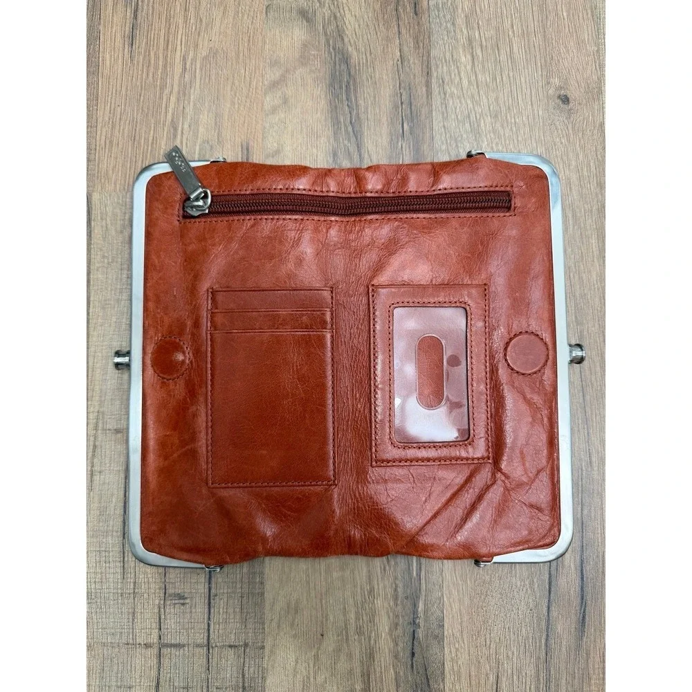 HOBO Leather Frame Clutch Wallet Cognac Kisslock Organizer RFID Brown